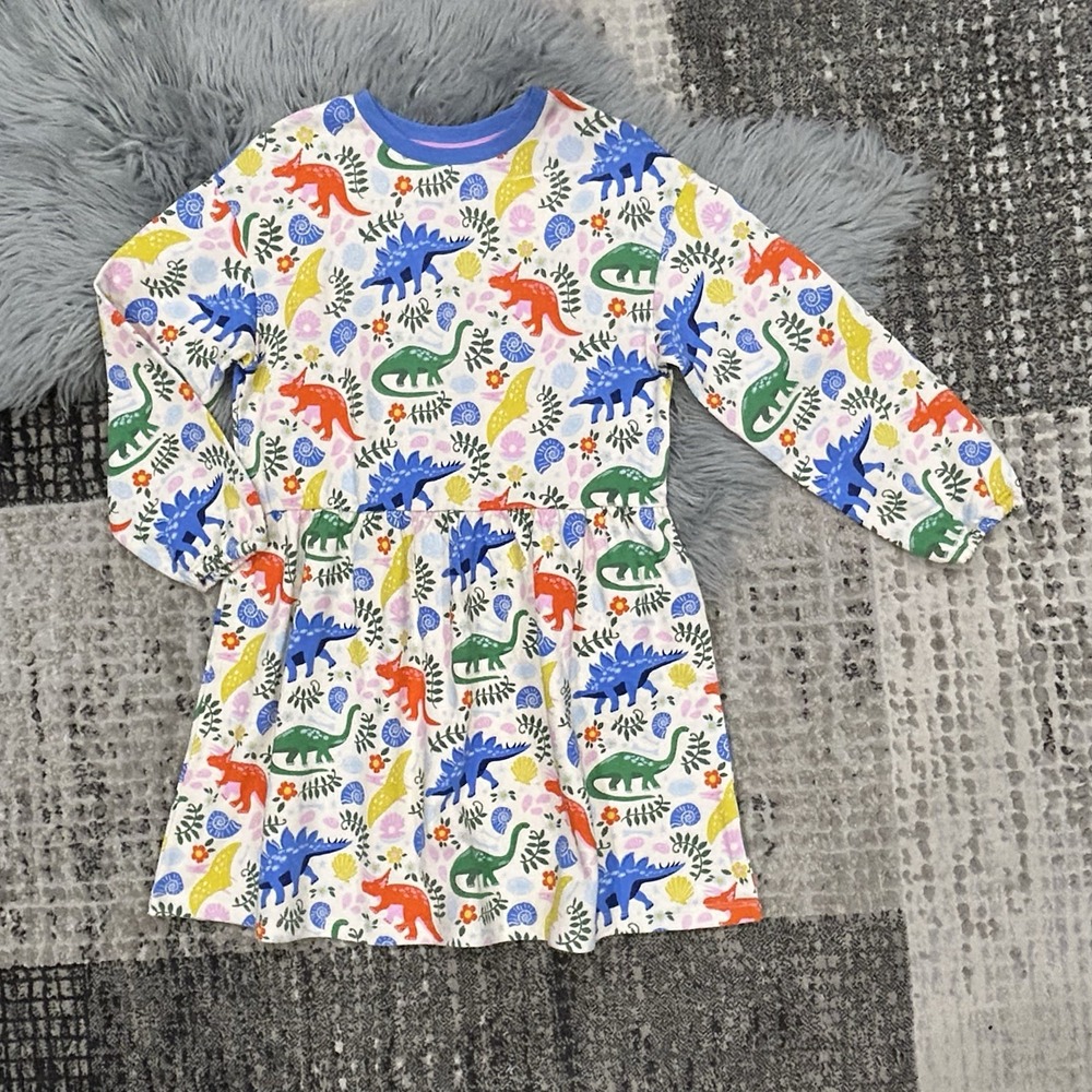 Mini Boden Drop Shoulder Jersey Dress With Multicolor Dinosaur Print Size 11-12Y